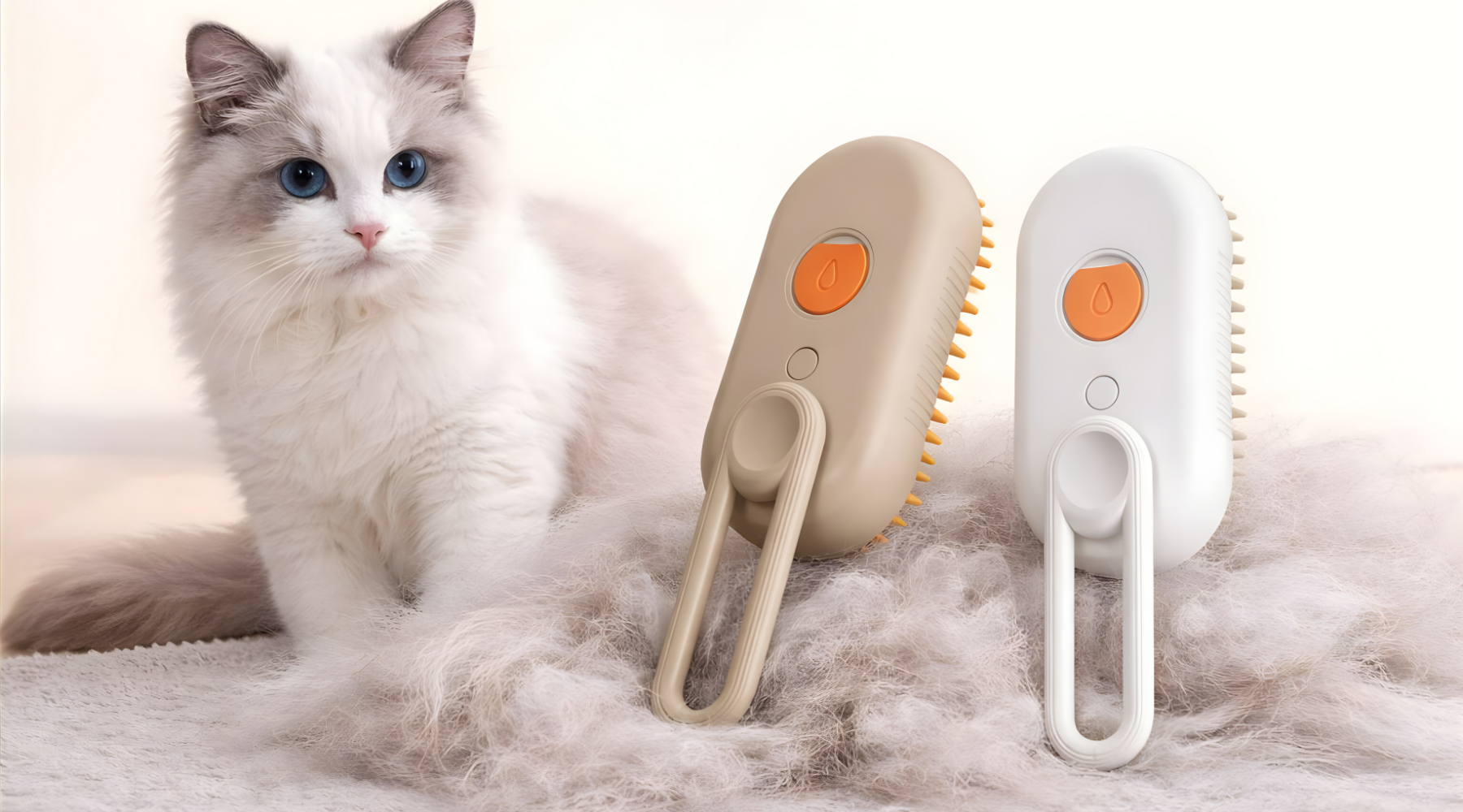 Cat with two pet grooming tools on a fluffy surface